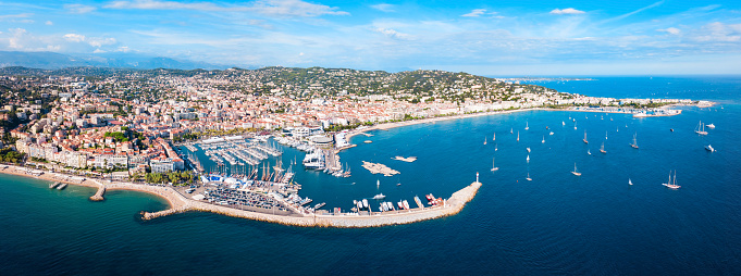 Cannes aerial panoramic view. Cannes is a city located on the French Riviera or Cote d'Azur in France.