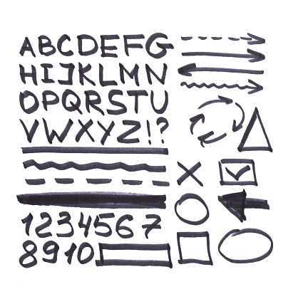 Letters, numbers, arrows, mathematical symbols, lines, written in black marker