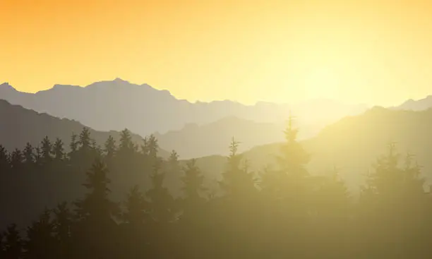 Vector illustration of Realistic illustration of a mountain landscape with a forest. Sun shining with sunshine and rays under the morning yellow orange sky - vector