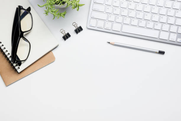 istock Office desk table with supplies. Flat lay Business workplace and objects. Top view. Copy space for text 1096993480