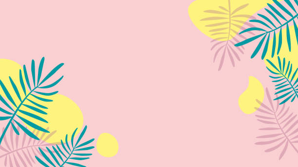istock Web banner coral and green fern with yellow elements. tropical vector illustration. 1096994060