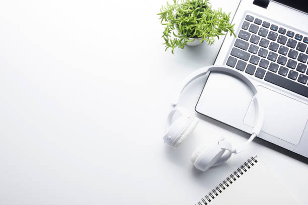 istock Office desk table with supplies. Flat lay Business workplace and objects. Top view. Copy space for text 1096995094