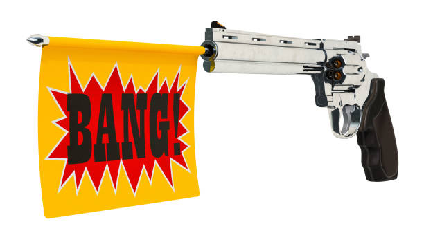 Revolver with a bang flag. 3D rendering isolated on white background
