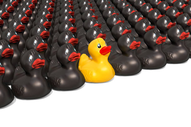 istock Yellow rubber duck among black rubber ducks. Leader concept, 3D rendering 1096995526