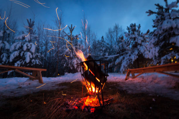 istock Bonfire in the winter forest illuminates the snow 1096996062