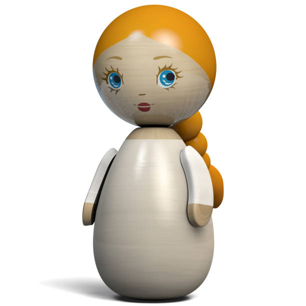 Culte Girl Doll Character with Blonde Hair in a Braid, Blue Eyes and Simple White Dress. Wooden Doll. 3D Illustration.