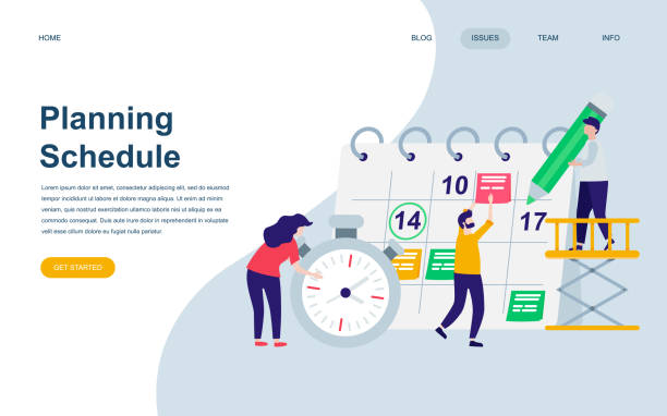 Modern flat web page design template of Planning Schedule decorated people character Modern flat web page design template of Planning Schedule decorated people character for website and mobile website development. Flat landing page template. Vector illustration. event illustrations stock illustrations