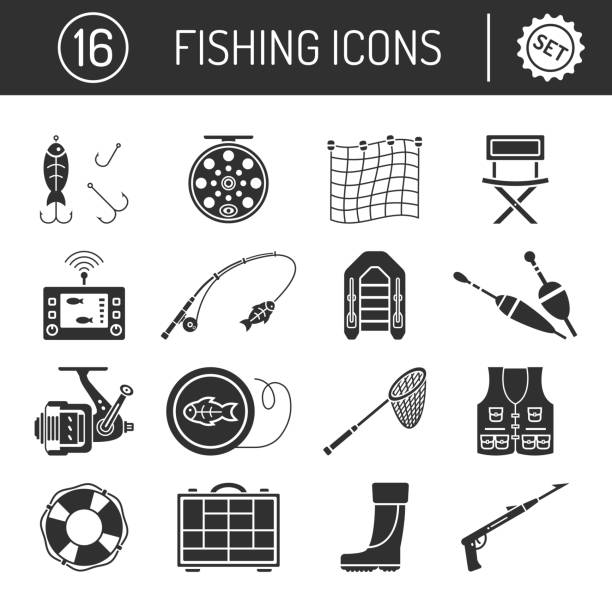 illustrations, cliparts, dessins animés et icônes de jeu de pêche des icônes dans le style plat silhouette isolé sur fond blanc. - sinker