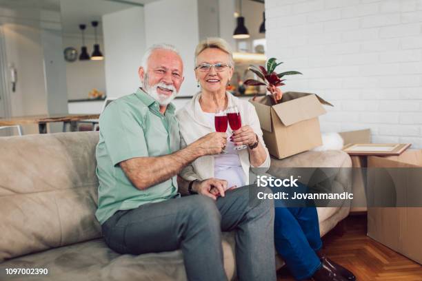 Cheerful Senior Couple Moving Into New Home Smiling At Each Other And Drink Wine Stock Photo - Download Image Now