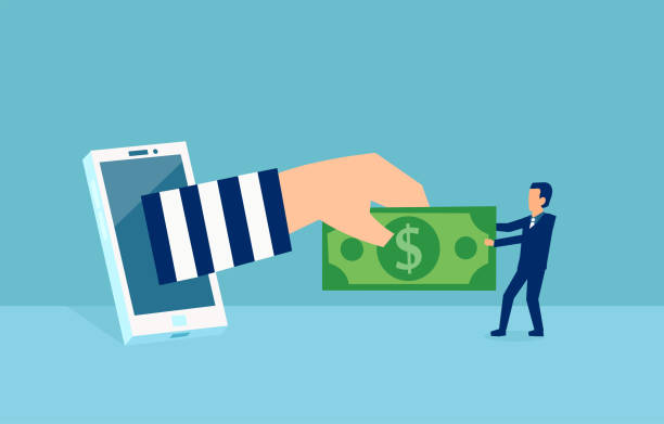 vektor von einem virtuellen dieb bricht ins mobile internet-konto eines geschäftsmannes stehlen geld von ihm - wirtschaftskriminalität stock-grafiken, -clipart, -cartoons und -symbole