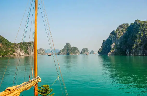 Photo of View from the deck of a traditional boat as it sails through the rocky islands of Halong Bay