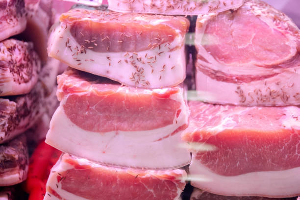 lard, bacon and pork on the butcher shop window