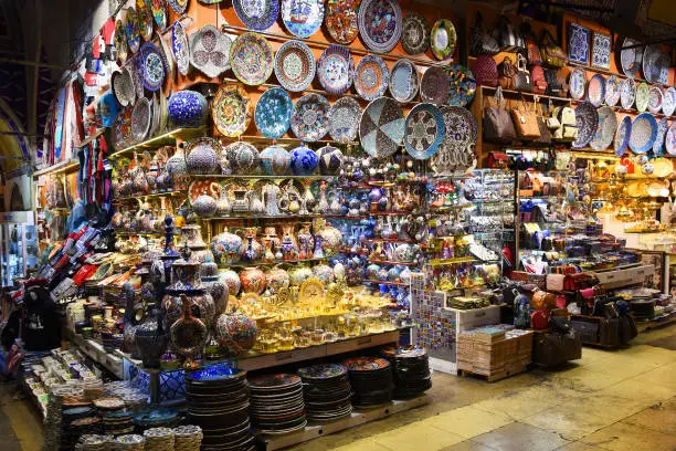 Photo of Istanbul, Turkey. A variety of products at the Grand Bazaar.