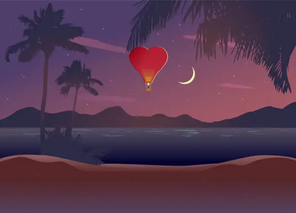 Vector illustration of Heart shape air balloon at night