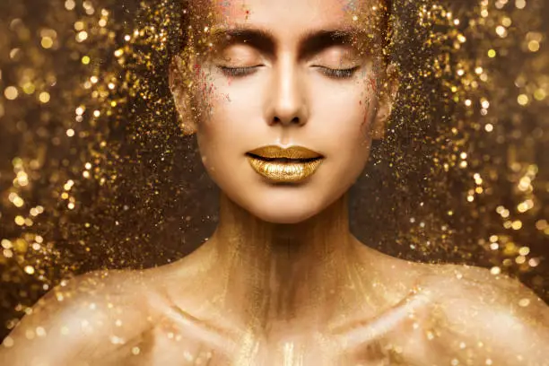 Gold Fashion Makeup, Art Beauty Face and Lips Make Up in Golden Sparkles, Woman Dreams Concept