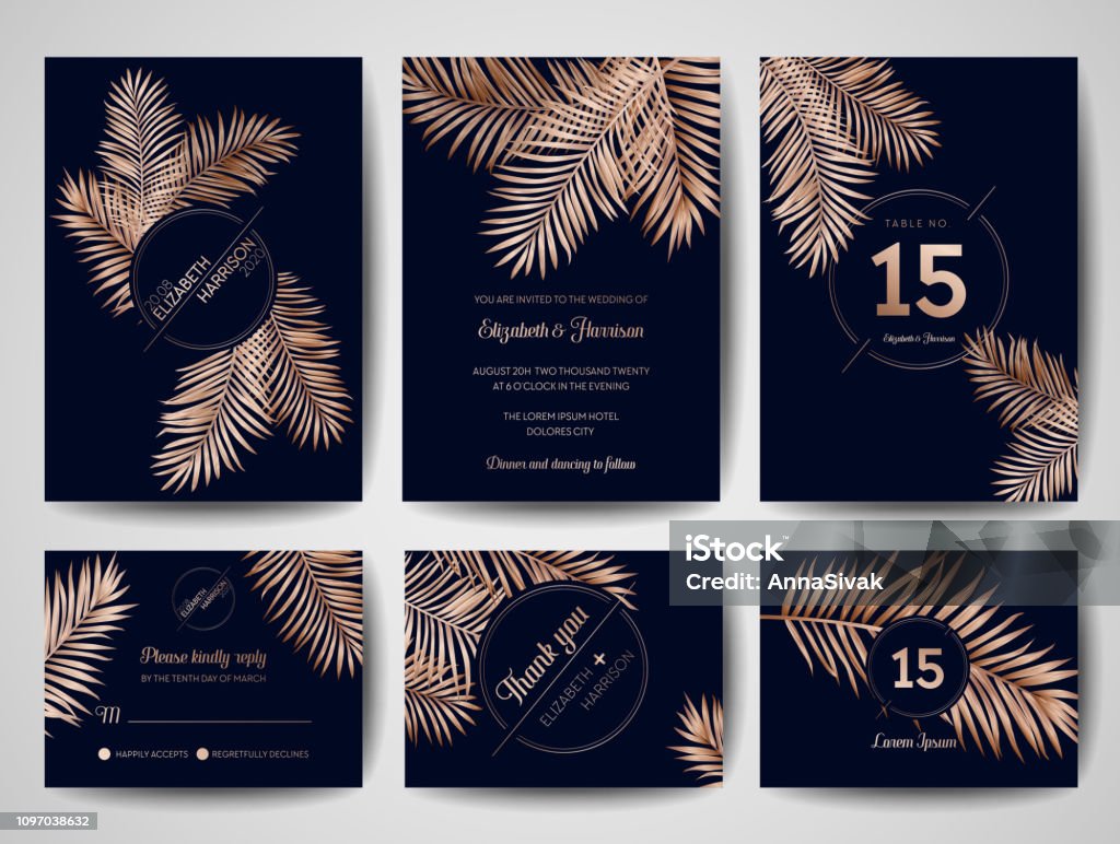 Wedding Monogram Tropical Palm Leaves Invitation Card, Save the Date Cards Template with Golden Foil Design. Luxury RSVP Layout. Vector Illustration Palm Leaf stock vector