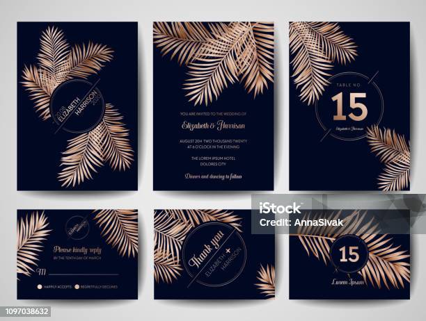 Wedding Monogram Tropical Palm Leaves Invitation Card Save The Date Cards Template With Golden Foil Design Luxury Rsvp Layout Vector Illustration Stock Illustration - Download Image Now