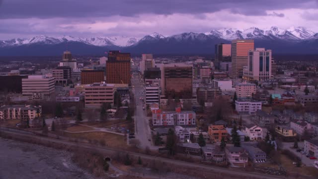 Aerial view of Anchorage, Alaska at sunset.