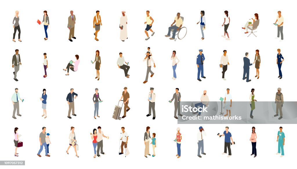 People icons bold color Isometric people illustrations include men, women, and children dressed for work and recreation. People walk, stand, sit, and perform a variety of activities. Use for architectural renderings, infographics, and illustrations. EPS vector and JPEG included. Flat vectors provided in a bold warm color palette. Isometric Projection stock vector
