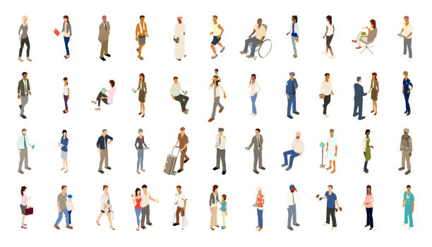 People icons bold color Isometric people illustrations include men, women, and children dressed for work and recreation. People walk, stand, sit, and perform a variety of activities. Use for architectural renderings, infographics, and illustrations. EPS vector and JPEG included. Flat vectors provided in a bold warm color palette. high angle view illustrations stock illustrations