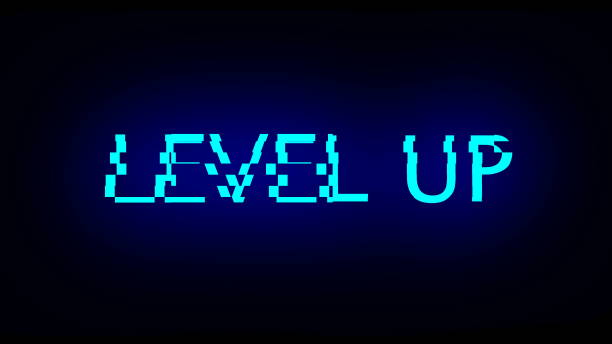 istock Letters of Level up text with noise on black, 3d render background, computer generating for gaming 1097058186