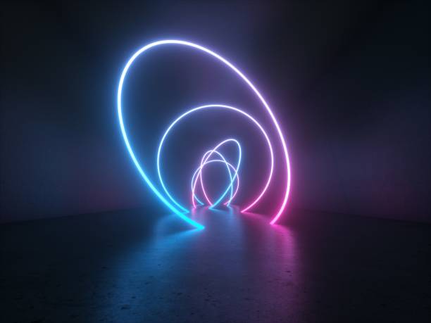 istock Neon Glowing Circle Round Shape Tubes On Reflection Concrete Floor 1097058286