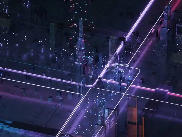 Photo of Neon light Futuristic city isometric view