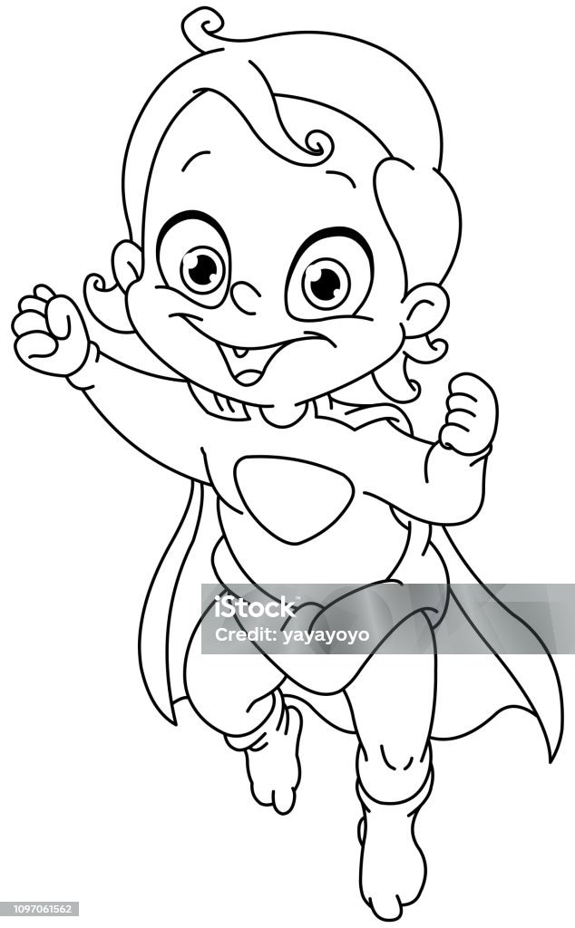 Outlined superbaby Outlined baby Super hero flying. Vector line art illustration coloring page. Baby - Human Age stock vector