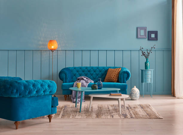 istock Blue room interior concept with furniture and fireplace. 1097063636