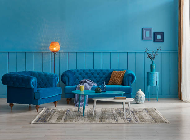 istock Blue room interior concept with furniture and fireplace. 1097063880