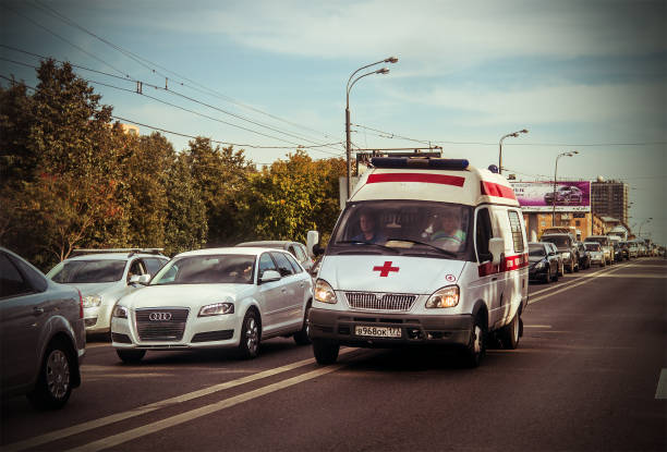 Moscow, Russia - sepember 14, 2012: ambulance van rushes on the opposite road lane