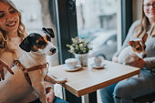 Two young girls with their dogs sit at a coffee shop and drink coffee.