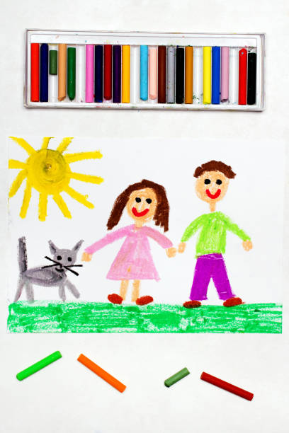 istock Colorful drawing: Happy couple and cute cat 1097073034