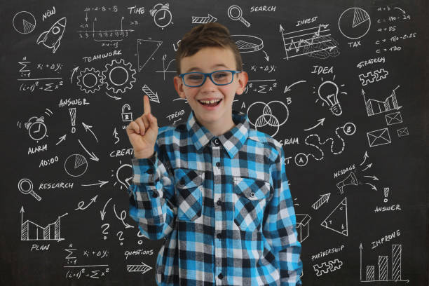 istock Young boy child think decision choice idea business strategy background blackboard 1097074186