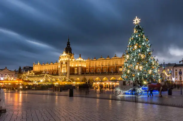 Krakow, Poland, Main Market square and Cloth Hall in the winter season, during Christmas fairs decorated with Christmas tree.