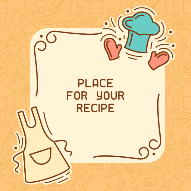 Culinary recipe card with cook cap and apron Culinary recipe card with cook cap and apron. Doodle style vector illustration. Suitable for advertising,master class invitation or book design recipe stock illustrations
