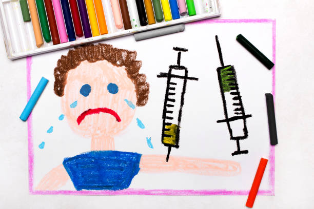 カラフルな描画: 子供の予防接種。泣いている男の子と注射器。防護接種 - injecting syringe spooky male ストックフォトと画像