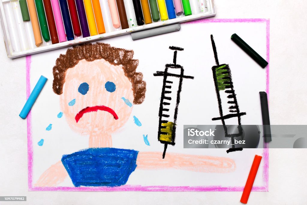 Colorful drawing: Child vaccination. Crying boy and syringe. Protective vaccination Child Stock Photo