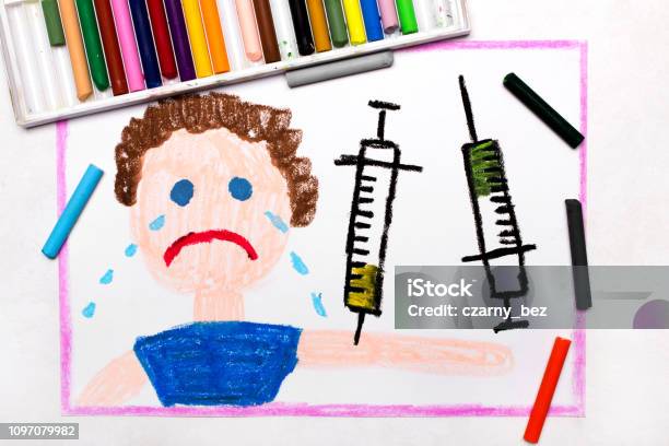 Colorful Drawing Child Vaccination Crying Boy And Syringe Protective Vaccination Stock Photo - Download Image Now