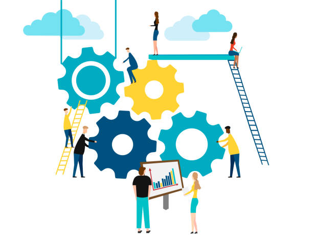 Concept of Teamwork, people building gear wheels. isolated on white background. Vector illustration. Concept of Teamwork, people building gear wheels. isolated on white background. Vector illustration. Eps 10. order stock illustrations