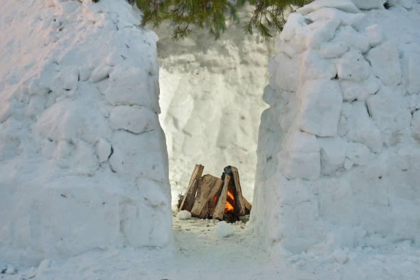 Bonfire just lit in a snow house igloo just built from the snow bricks and spruce branches in winter