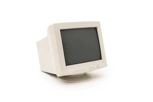 Isolated Vintage CRT computer monitor on white background.
