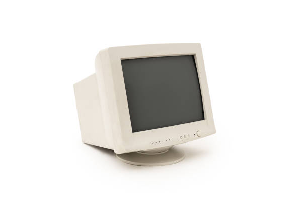 Vintage CRT computer monitor on white background stock photo