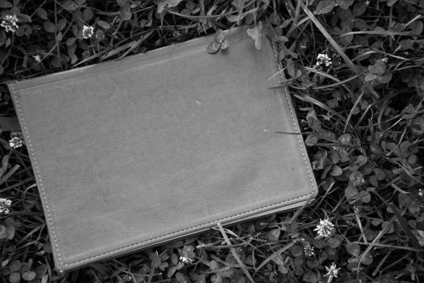 Monochrome notepad on the green grass in park.