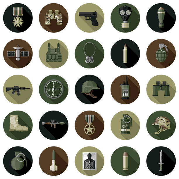 militärische flaches design-icon-set - violence war gun camouflage stock-grafiken, -clipart, -cartoons und -symbole