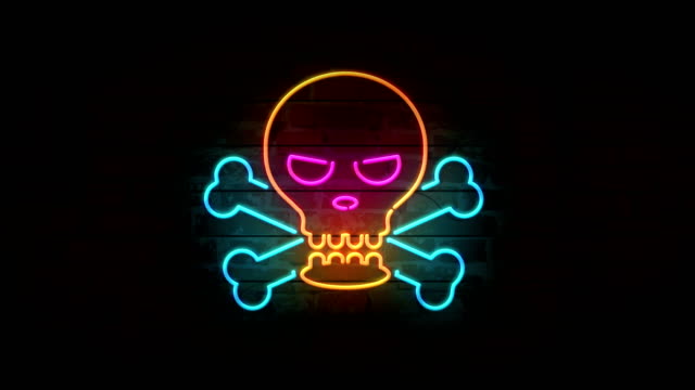 Skull neon icon on brick wall