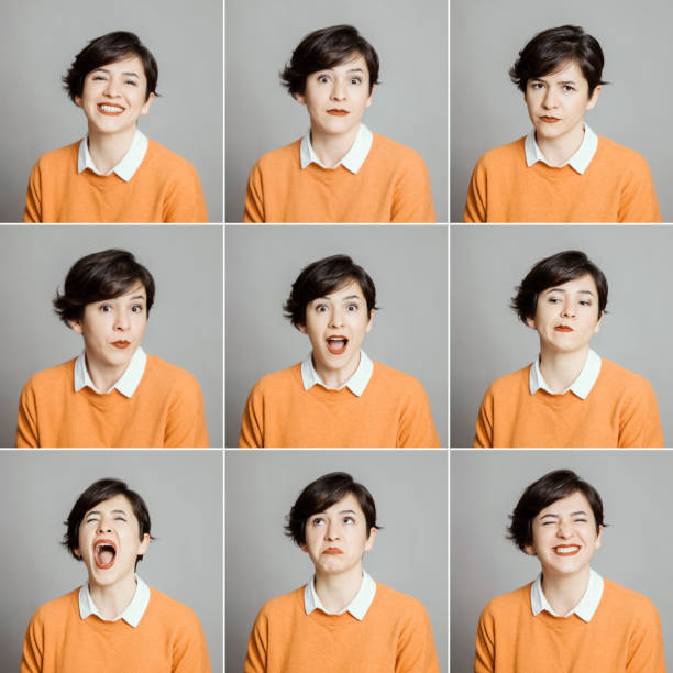 Real woman making different facial expressions
