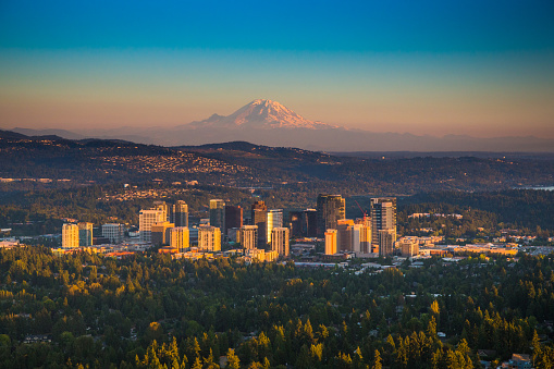Downtown Bellevue, Washington with Mt. Rainier in background as seen from helicopter