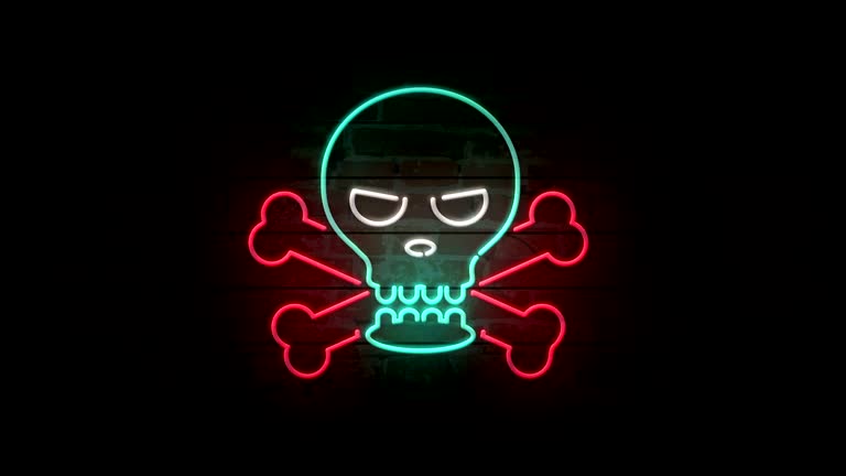 Skull neon icon on brick wall