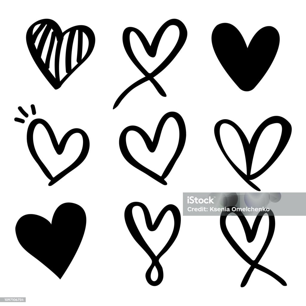 Satz von neun handgezeichnete Herz. Handgezeichnete grobe Markierung Herzen isoliert auf weißem Hintergrund. - Lizenzfrei Herzform Vektorgrafik